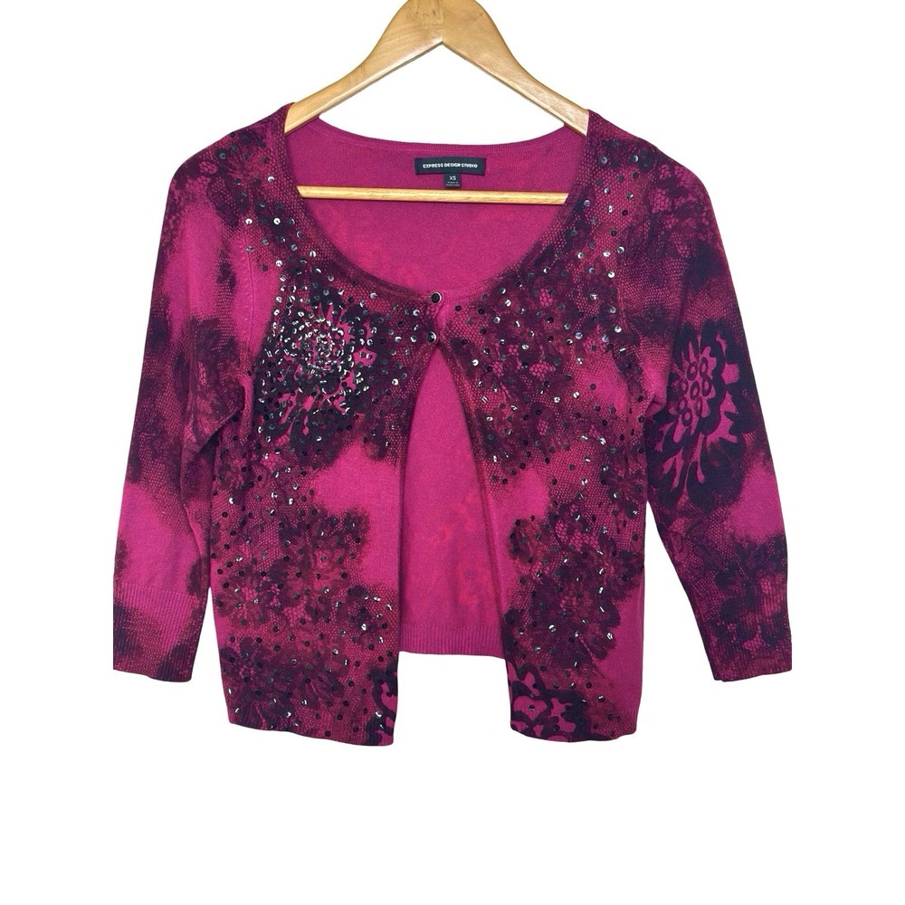 Express Y2K Dark Fairy Goth Cardigan Womens XS Pink Grunge Floral Sequin Cropped